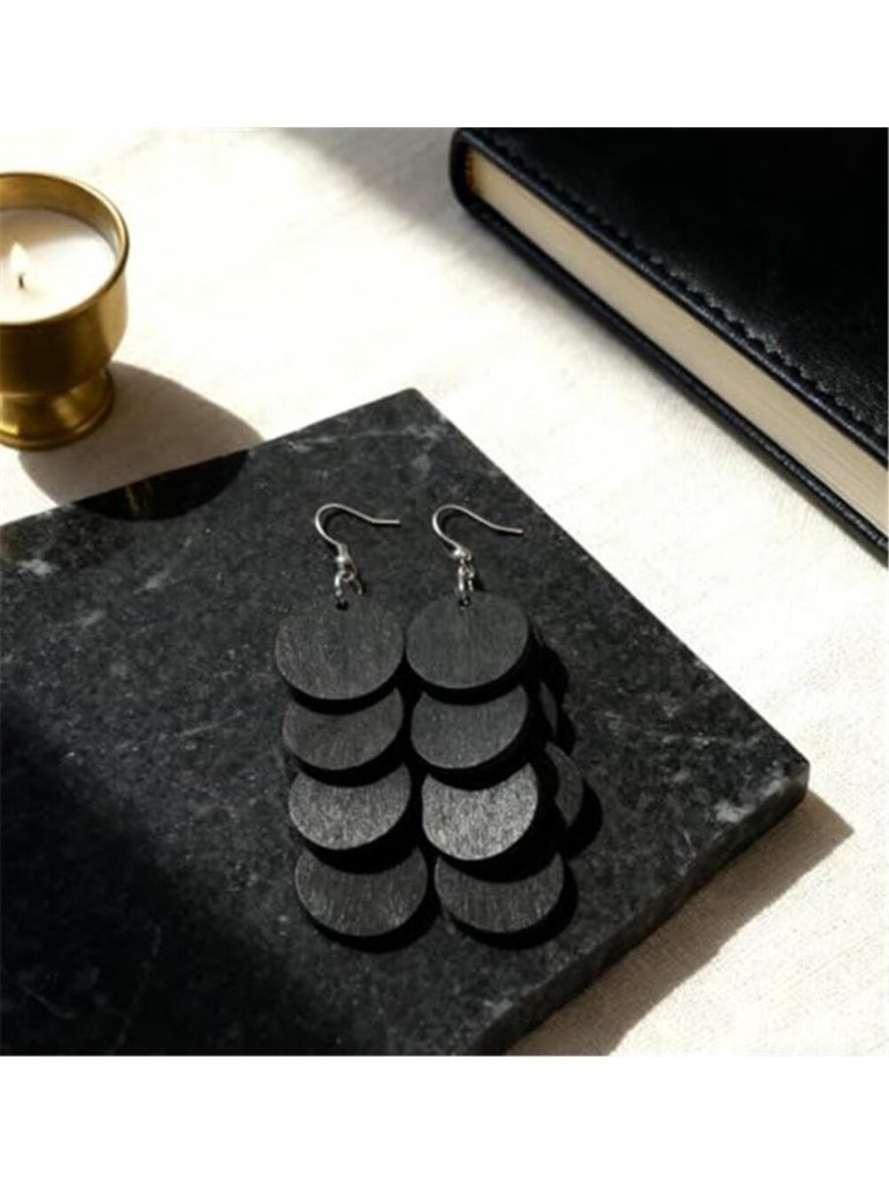 Bohemian Wooden Layered Disc Drop Earrings - Picture 2 of 2